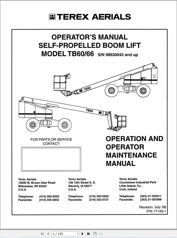 Terex Self Propelled Boom Lift TB60 TB66 Operators Maintenance Manual 17149 1 (1)