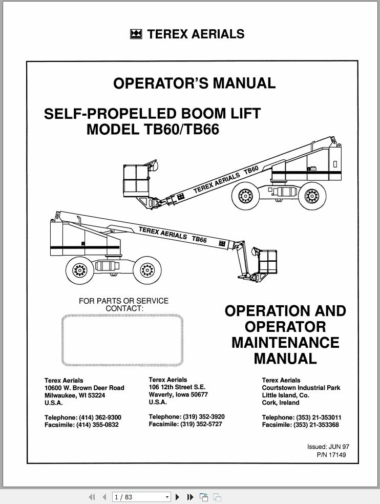Terex Self Propelled Boom Lift TB60 TB66 Operators Maintenance Manual 17149 (1)
