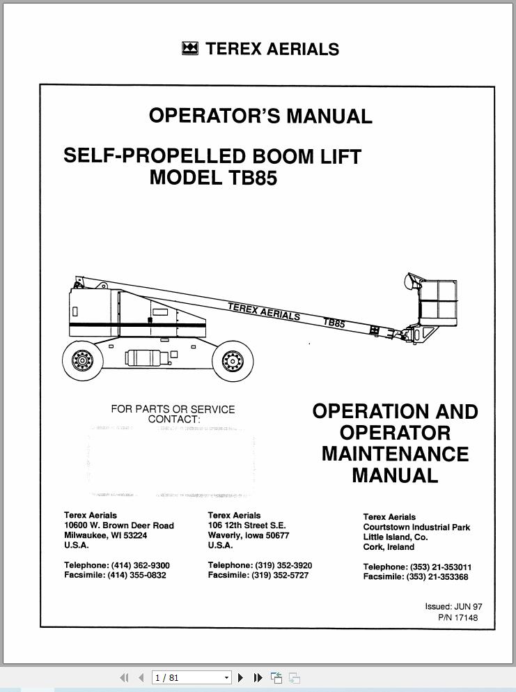 Terex Self Propelled Boom Lift TB85 Operators Maintenance Manual 17148 (1)