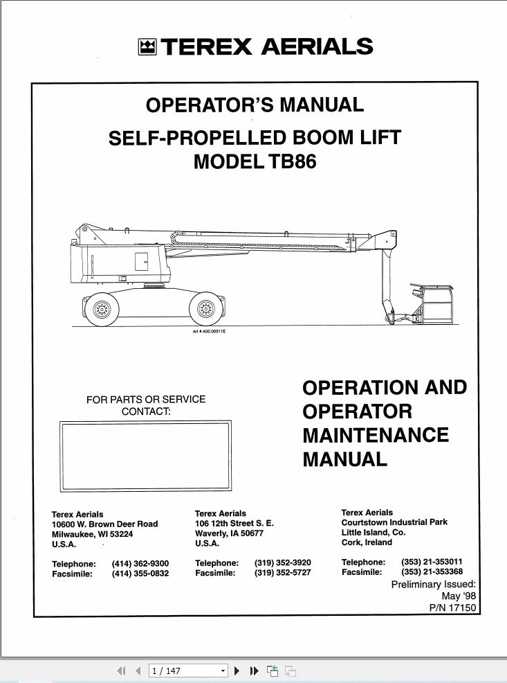 Terex Self Propelled Boom Lift TB86 Operators Maintenance Manual 17150 (1)