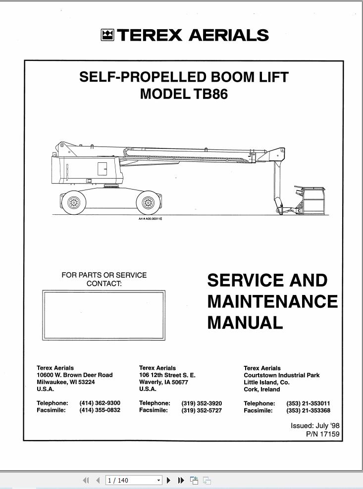 Terex Self Propelled Boom Lift TB86 Service Maintenance Manual 17159 (1)