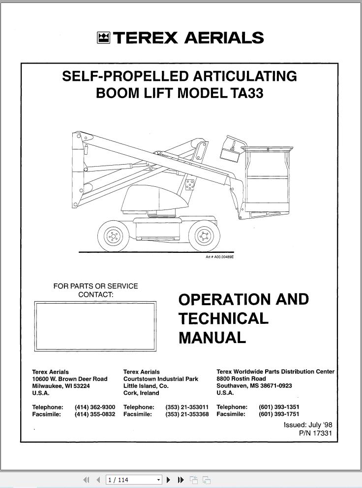Terex Self Propelled Knuckle Boom Lift TA33 Operation Technical Manual 17331 (1)