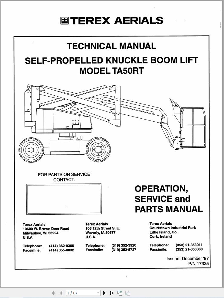 Terex Self Propelled Knuckle Boom Lift TA50RT Operation Service Parts Manual 17325 (1)