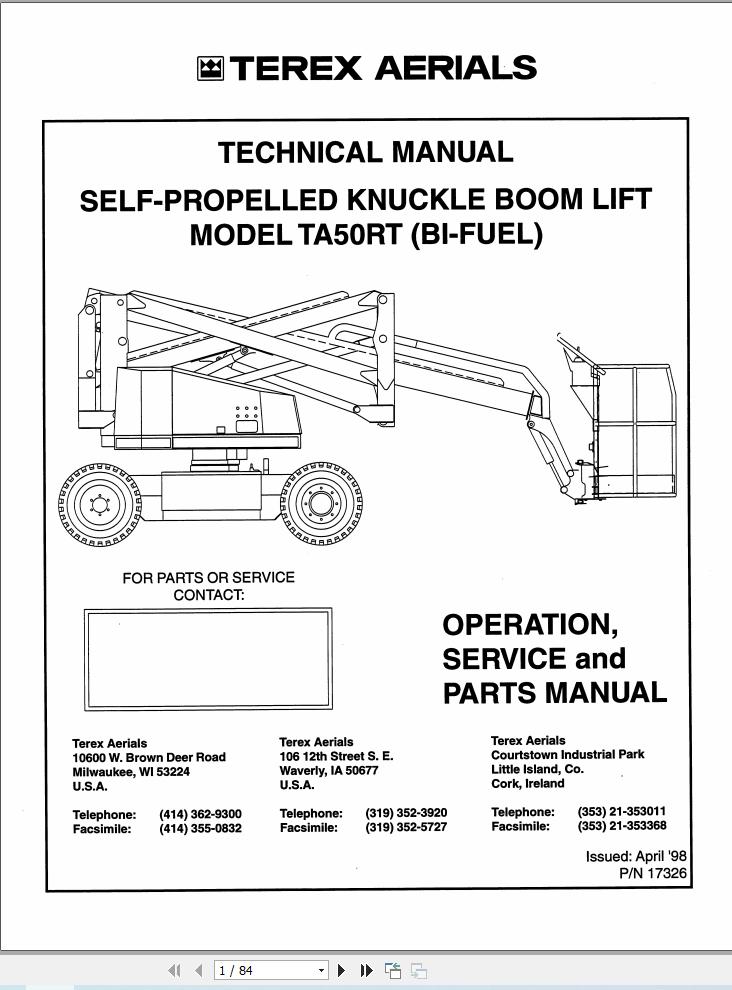 Terex Self Propelled Knuckle Boom Lift TA50RT Operation Service Parts Manual 17326 (1)