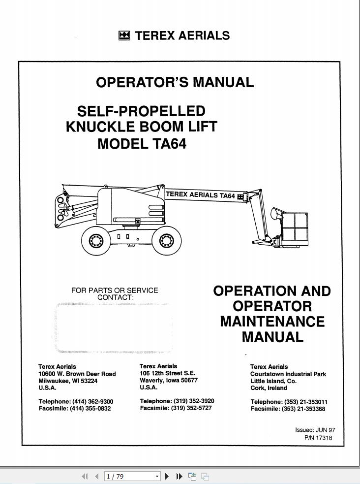Terex Self Propelled Knuckle Boom Lift TA64 Operation Maintenance Manual 17318 (1)