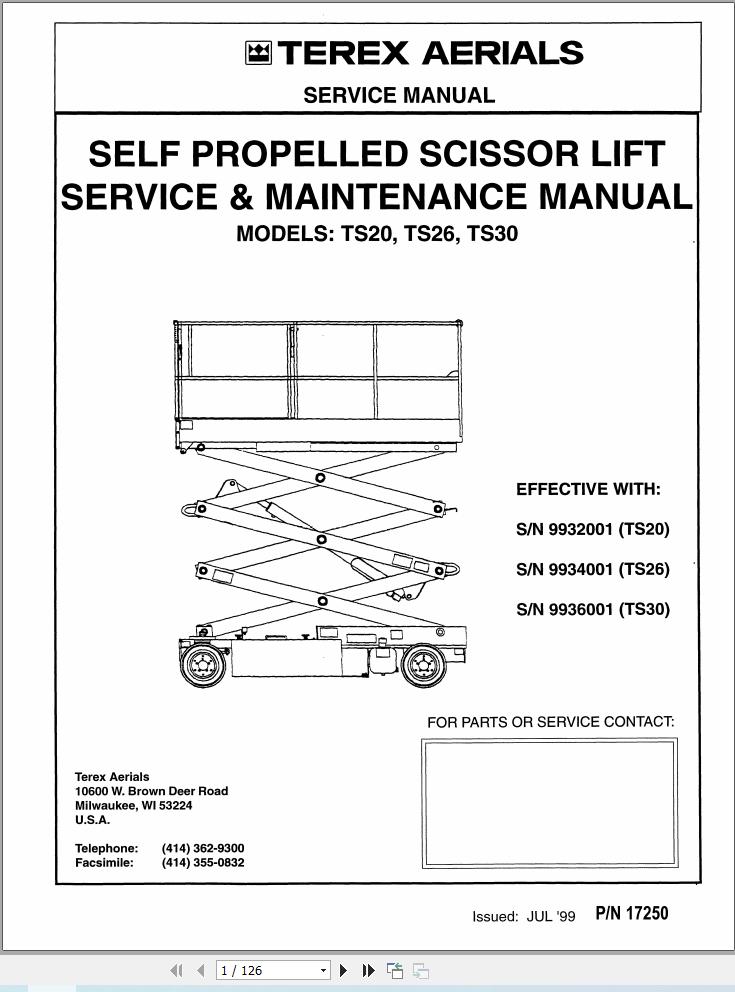 Terex Self Propelled Scissor Lift TS20 TS26 TS30 Service Maintenance Manual 17250 (1)