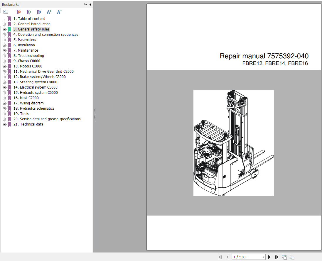 Toyota Forklift FBRE12 FBRE14 FBRE16 Repair Manual 7575392 040 1