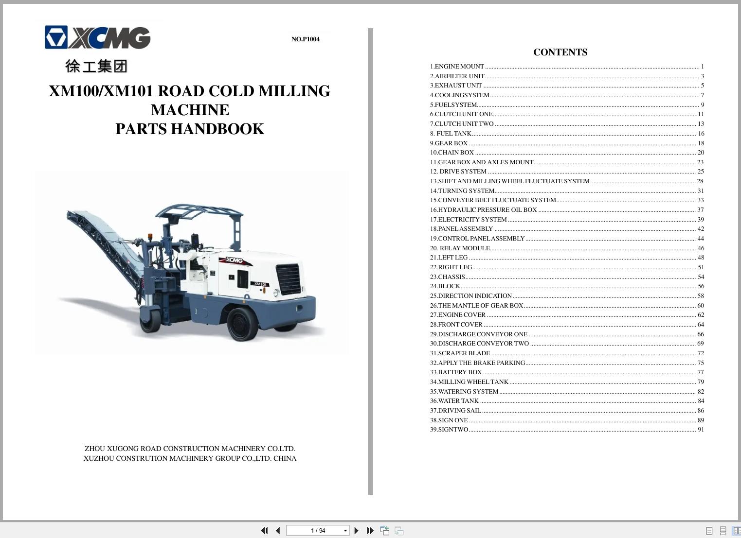XCMG Road Cold Milling Machine XM100 XM101 Parts Book P1004 1