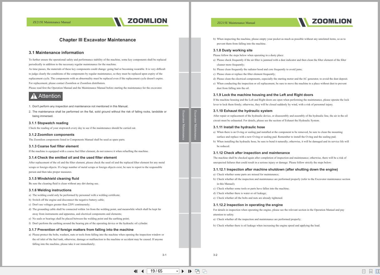 Zoomlion Hydraulic Excavator ZE215E Maintenance Manual 2019 2