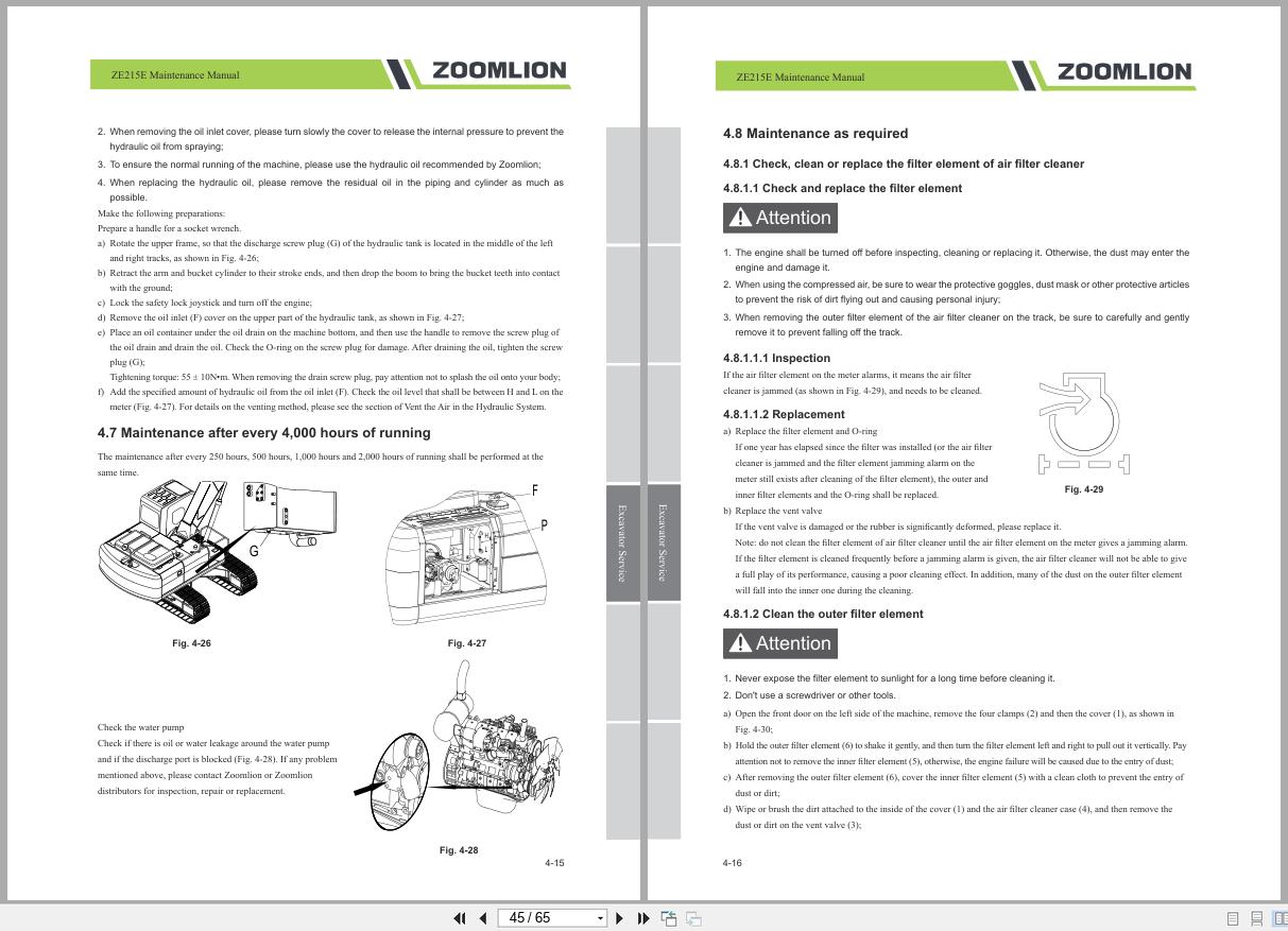 Zoomlion Hydraulic Excavator ZE215E Maintenance Manual 2019 3