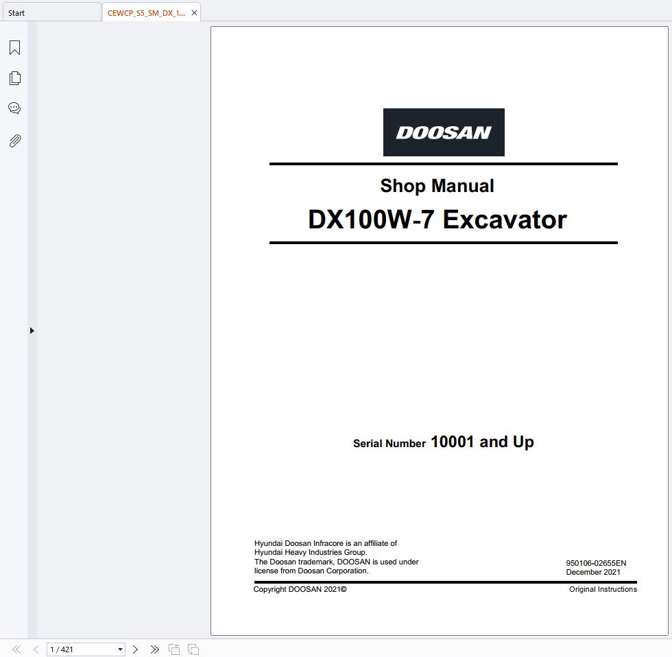Doosan Excavator DX100W 7 Shop Manual 950106 02655EN (1)