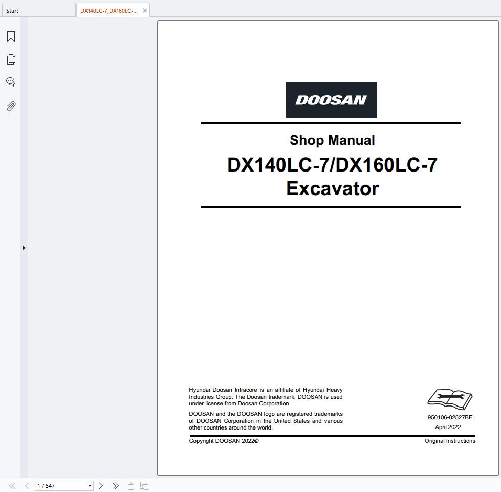 Doosan Excavator DX140LC 7 Shop Manual 950106 02527BE (1)