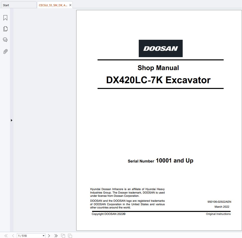 Doosan Excavator DX420LC 7K Shop Manual 950106 02922AEN (1)