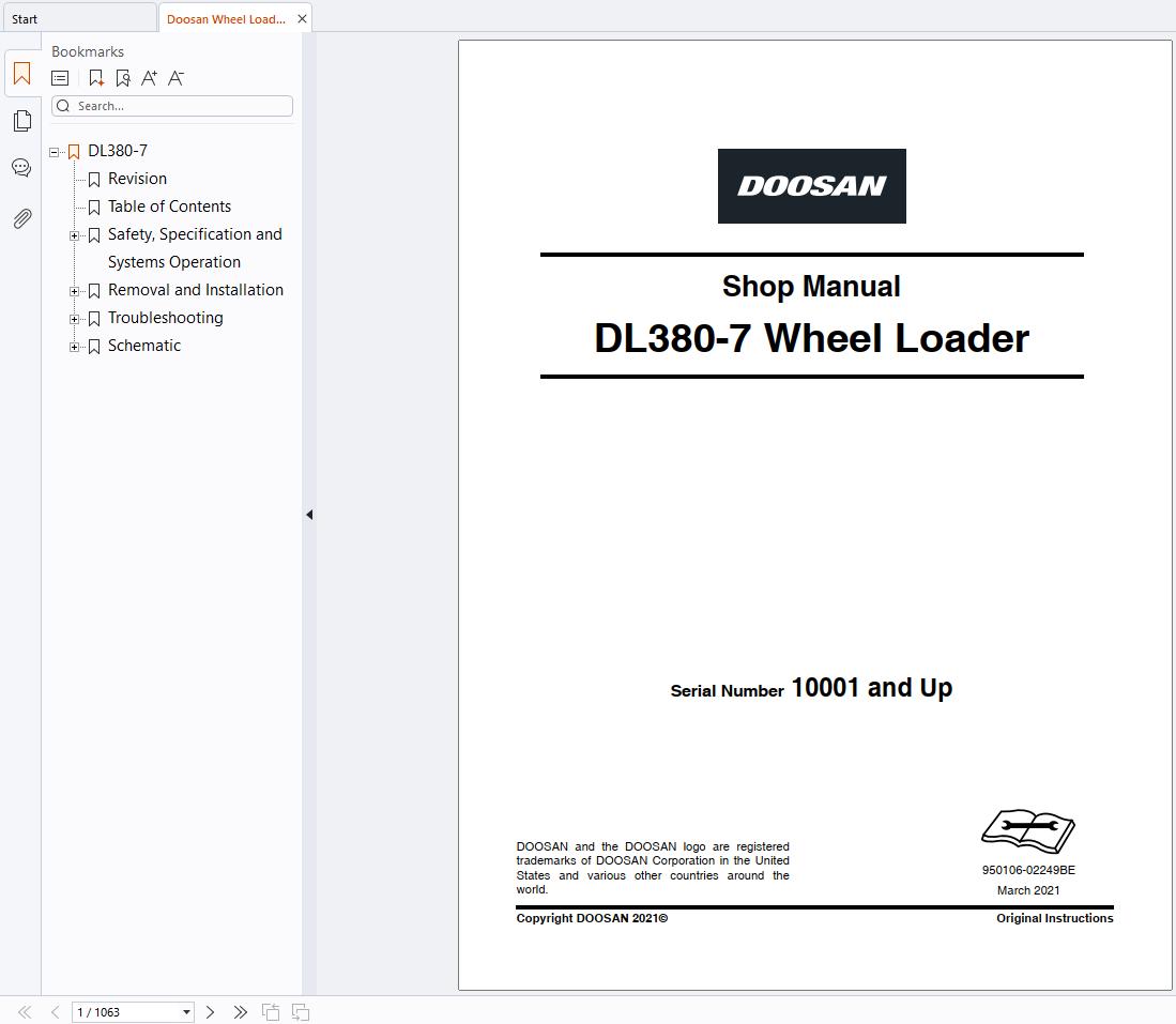 Doosan Wheel Loader DL380 7 Shop Manual 950106 02249BE (1)