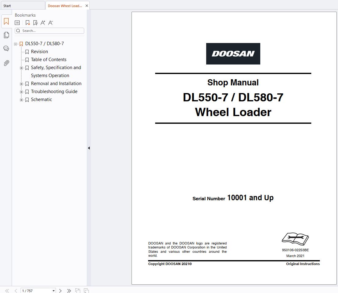 Doosan Wheel Loader DL550 7 Shop Manual 950106 02253BE (1)
