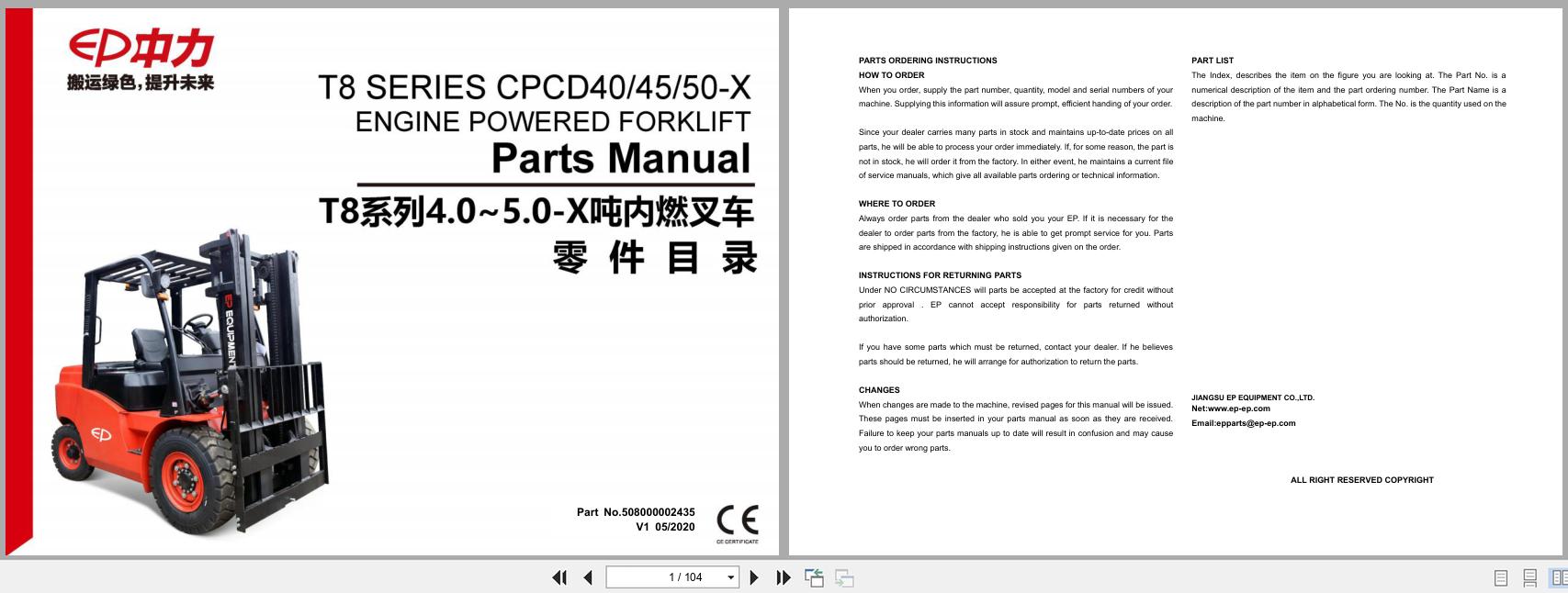 EP Forklift T8 Series CPCD40 X CPCD45 X CPCD50 X Parts Manual 508000002435 EN ZH (1)