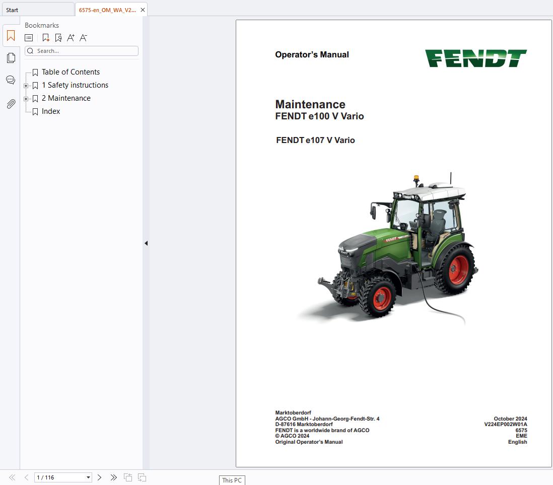 FENDT Tractors e100 e107 V Vario Operation Maintenance Manual EN (1)