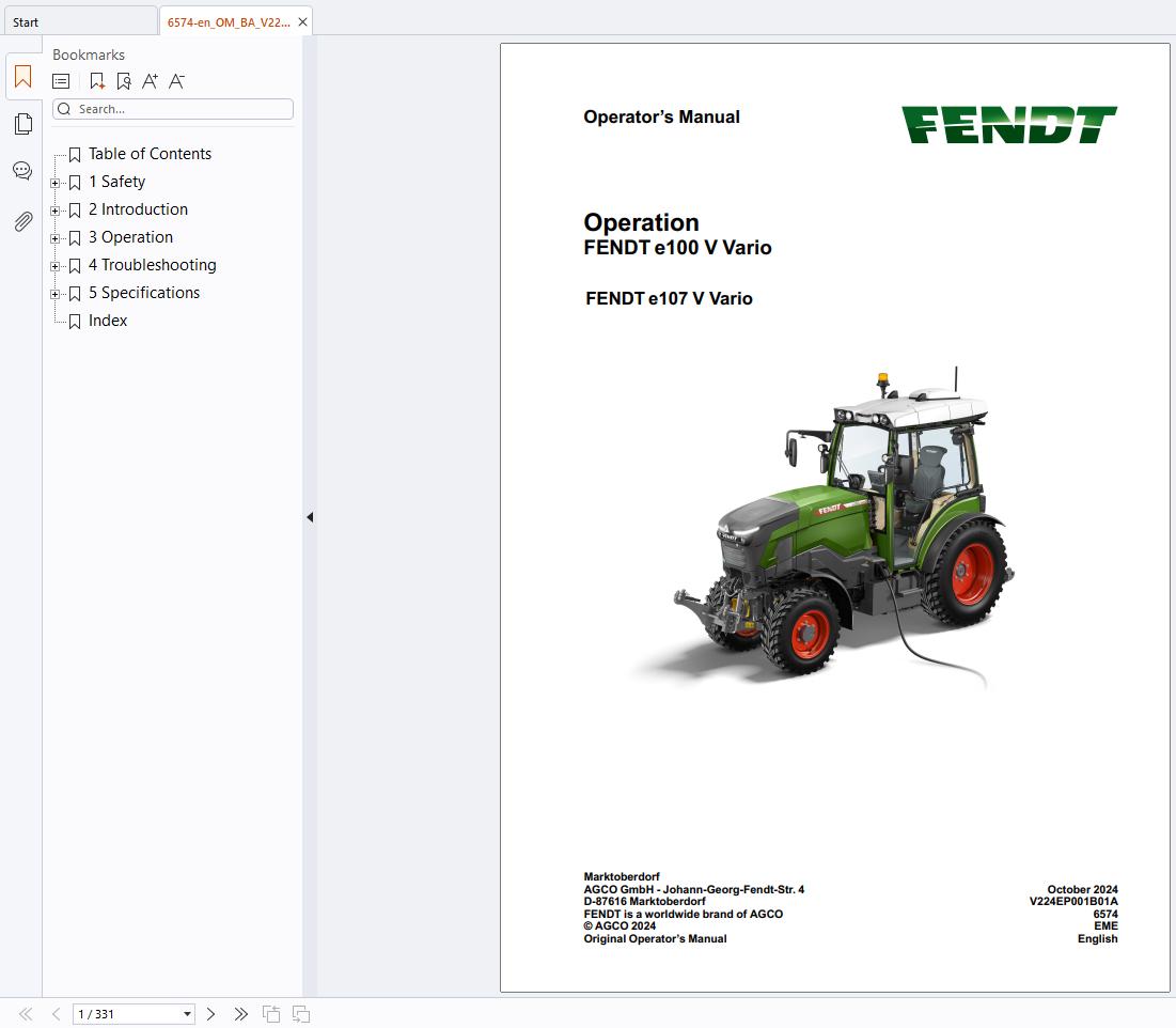 FENDT Tractors e100 e107 V Vario Operation Maintenance Manual EN (2)