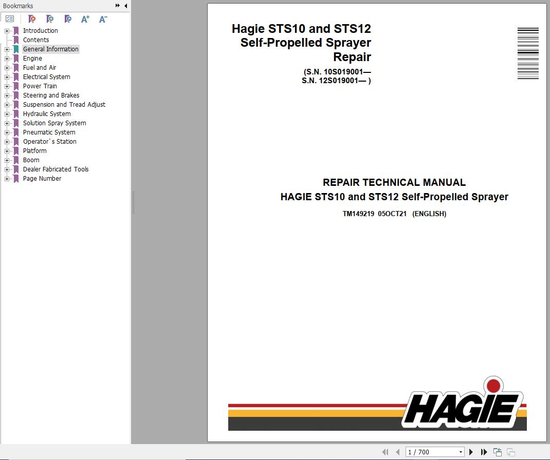 Hagie Self Propelled Sprayer STS10 STS12 Repair Technical Manual TM149219 1