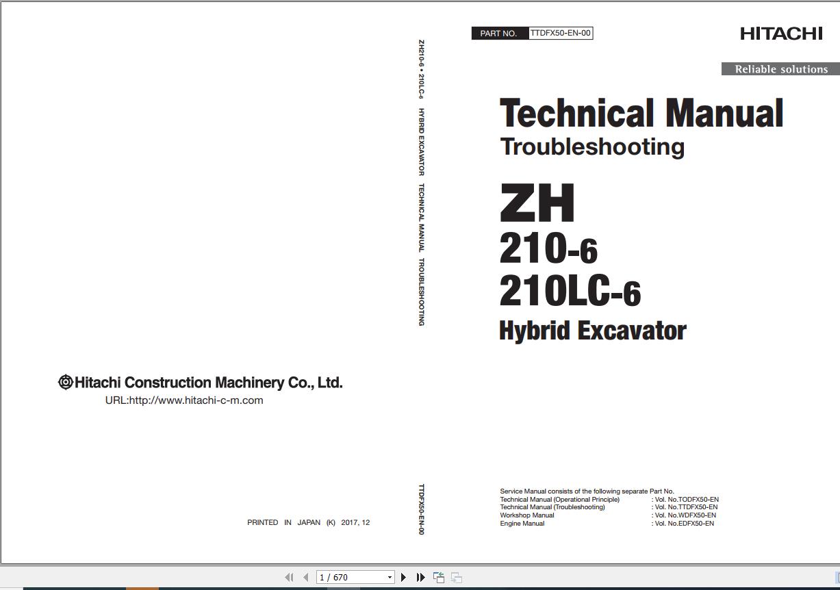 Hitachi Excavator ZH210 6 ZH210LC 6 Diagram and Technical Manual TTDFX50 EN 00 1