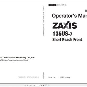 Hitachi Excavator ZX135US 7 Short Reach Front Operator Manual ENMDA4 SR1 2 1