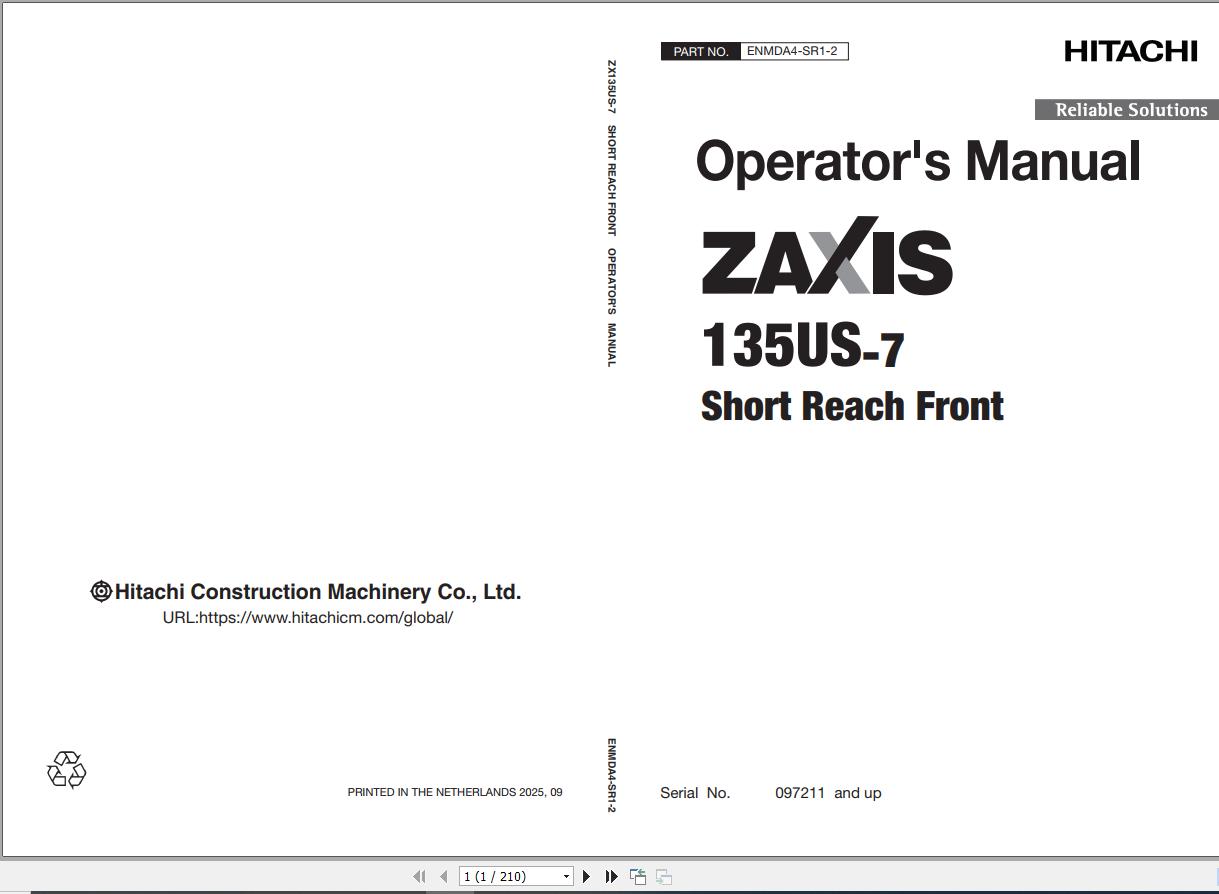 Hitachi Excavator ZX135US 7 Short Reach Front Operator Manual ENMDA4 SR1 2 1