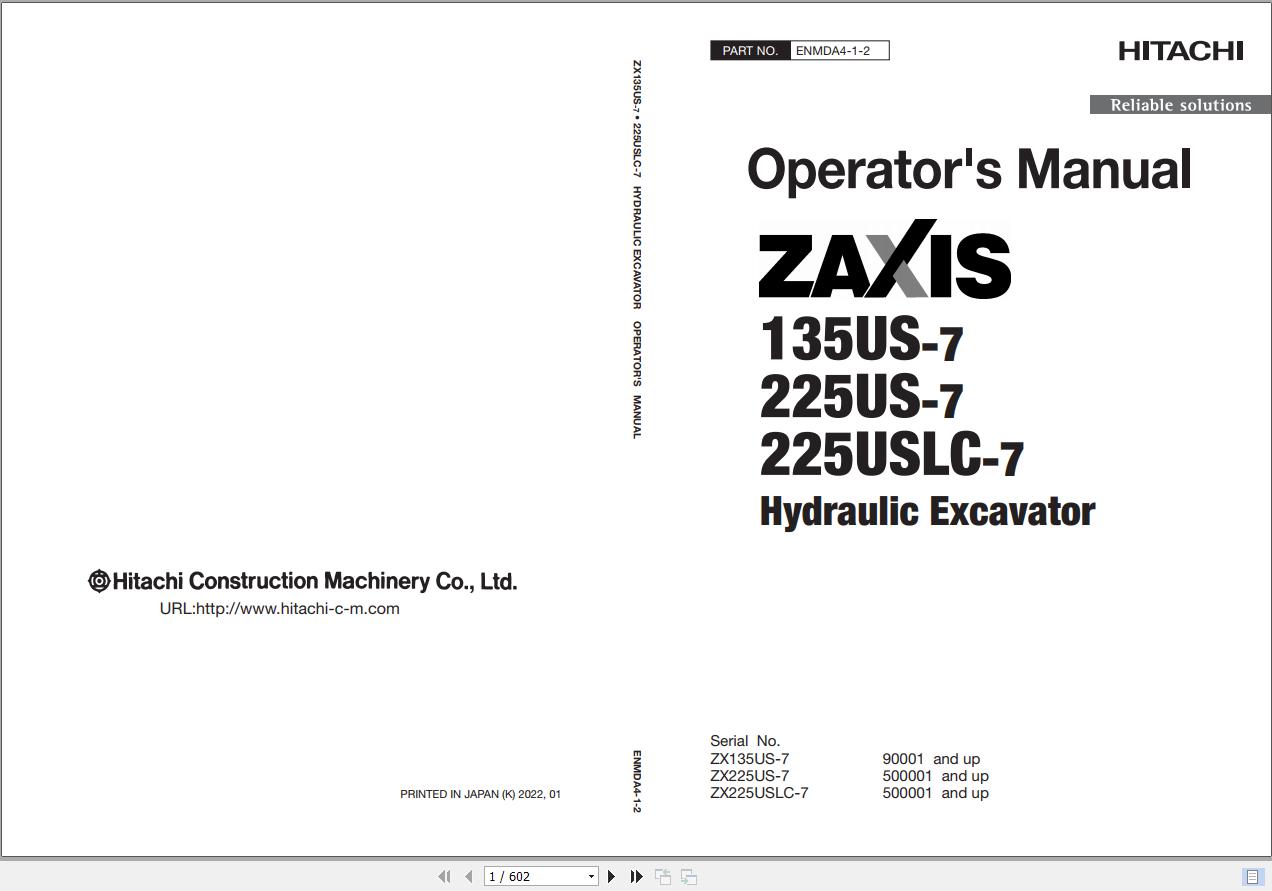 Hitachi Excavator ZX135US 7 ZX225US 7 ZX225USLC 7 Operator Manual ENMDA4 1 2 1