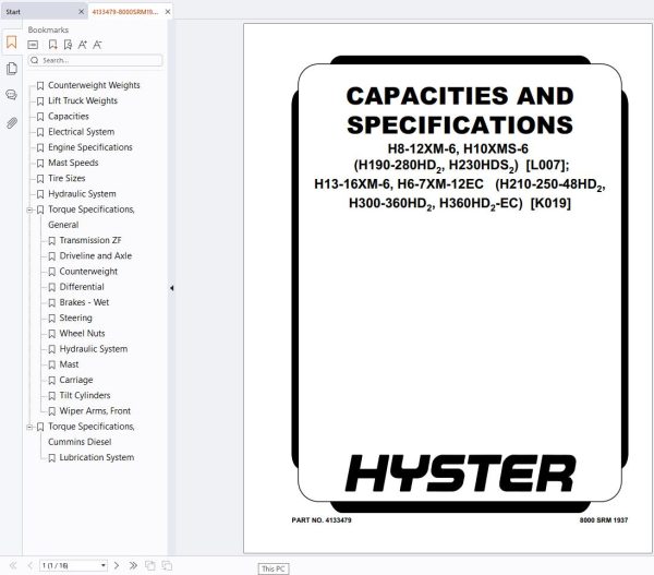 Hyster Forklift L007 H190HD2 to H280HD2 Service Manual (1)