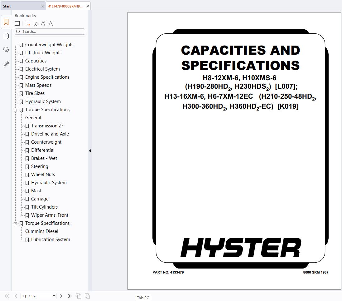 Hyster Forklift L007 H190HD2 to H280HD2 Service Manual (1)
