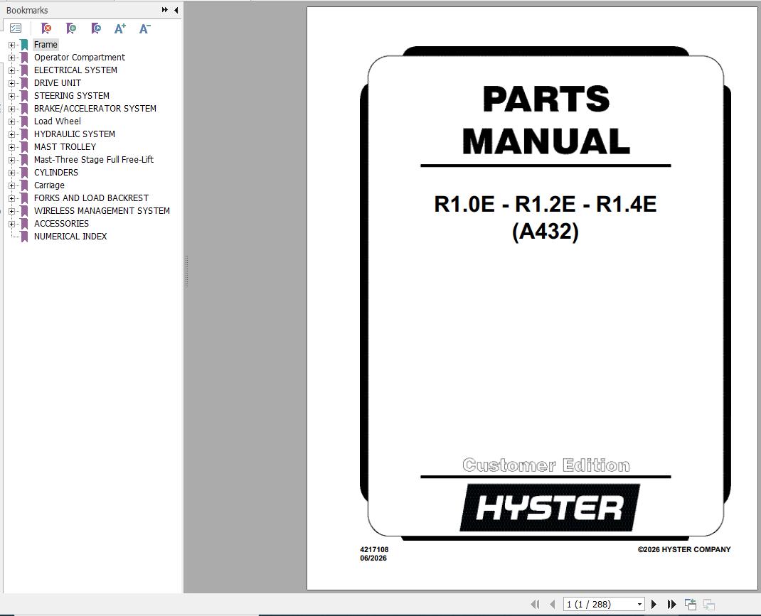 Hyster Forklift R1.0E R1.2E R1.4E A432 Parts Manual 4217108 2026 1