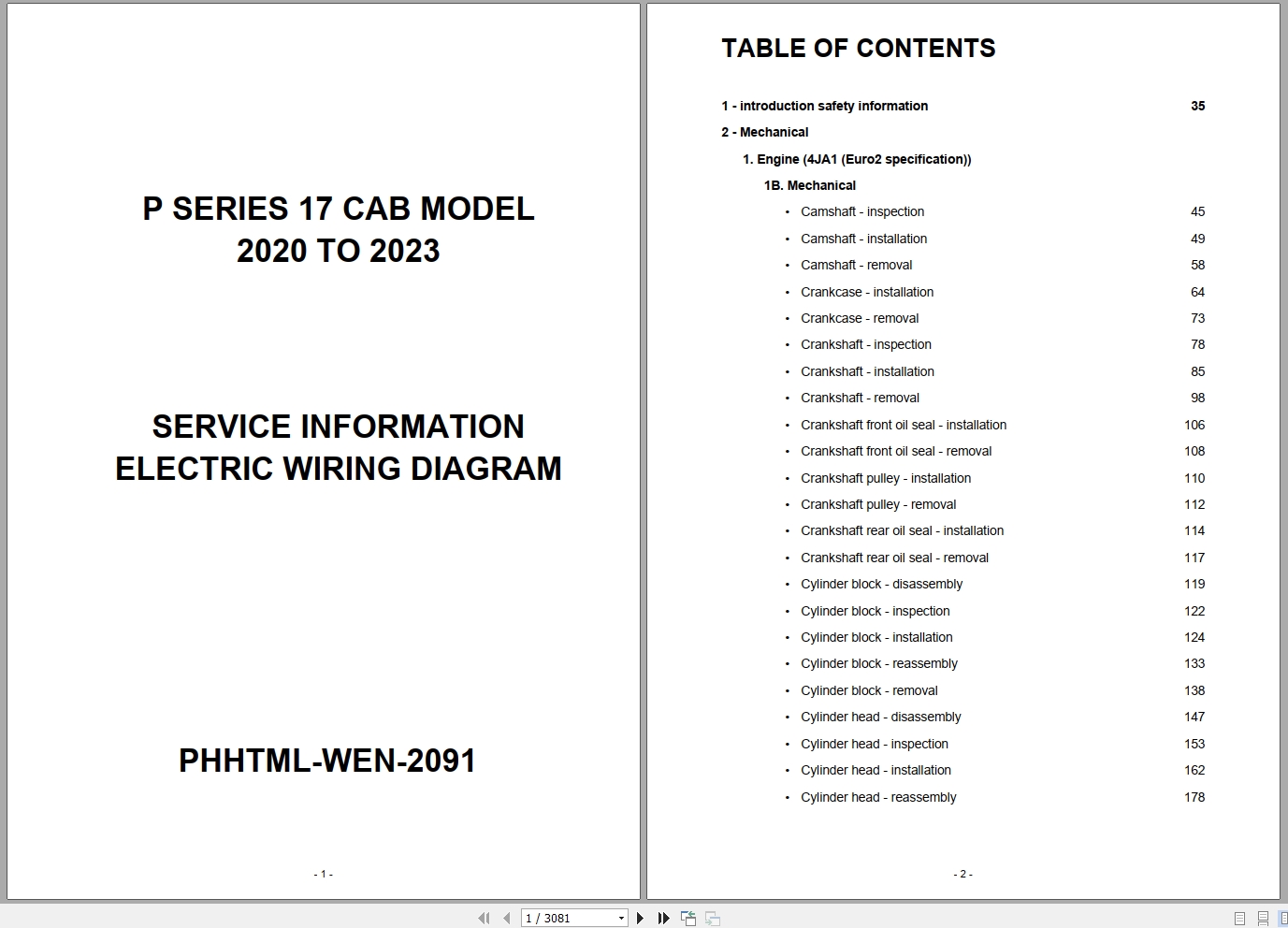 Isuzu Truck P Series 17 Cab model 2020 to 2023 Service Information Electric Wiring Diagram PHHTML WEN 2091 (1)
