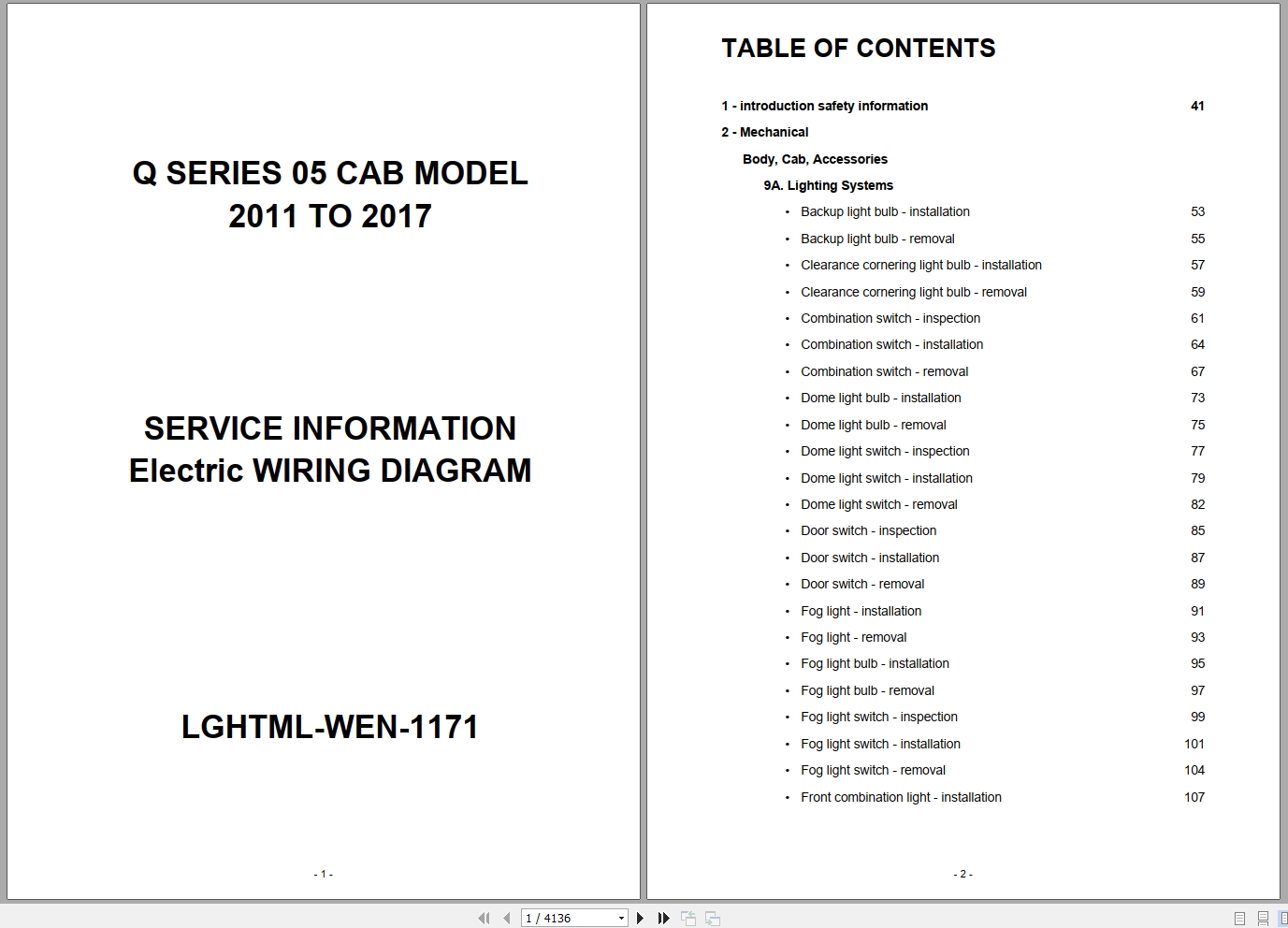 Isuzu Truck Q Series 05 Cab model 2011 to 2017 Service Information Electric Wiring Diagram LGHTML WEN 1171 (1)