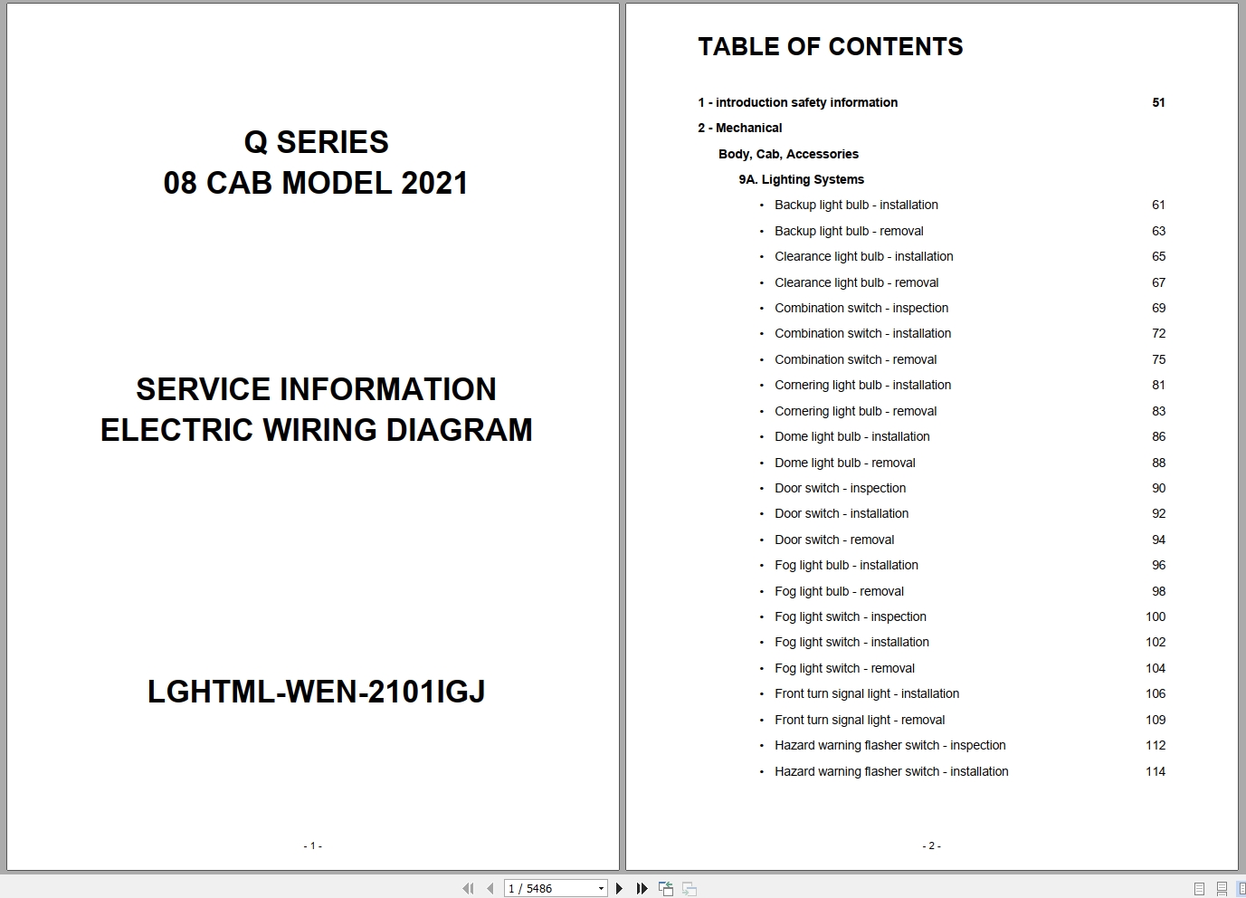 Isuzu Truck Q Series 08 Cab Model 2021 Service Information Electric Wiring Diagram LGHTML WEN 2101IGJ (1)