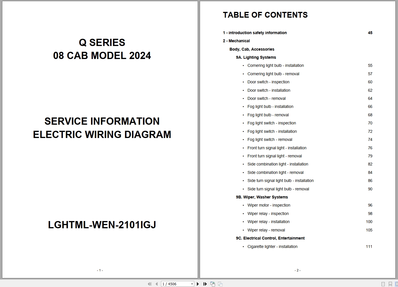 Isuzu Truck Q Series 08 Cab model 2024 Service Information Electric Wiring Diagram LGHTML WEN 2101IGJ (1)