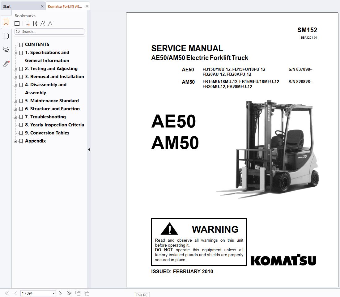 Komatsu Forklift AE50 AM50 Series Service Manual SM152 (1)