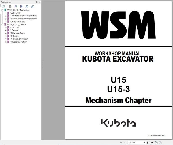 Kubota Excavator U15 U15 3 Workshop Manual 97899 61482 1