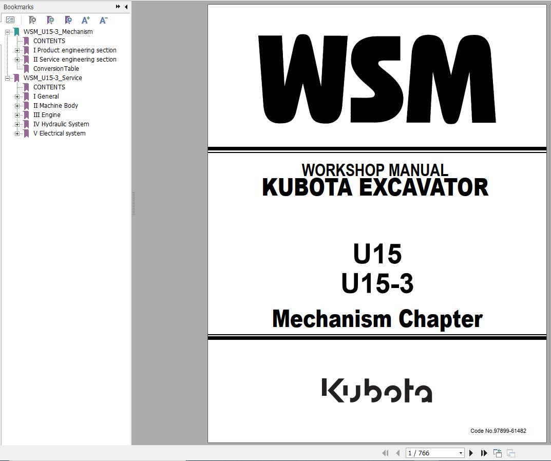Kubota Excavator U15 U15 3 Workshop Manual 97899 61482 1
