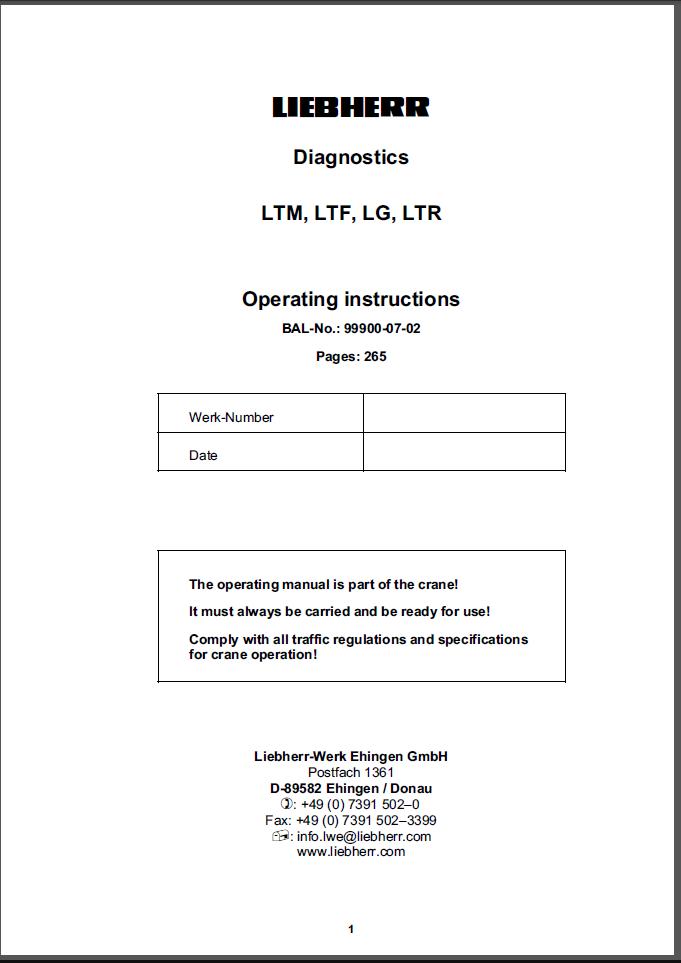 Liebherr Crane LTM1300 6.1 Transmission Engine Axle Pumb Service Operation Manual 10
