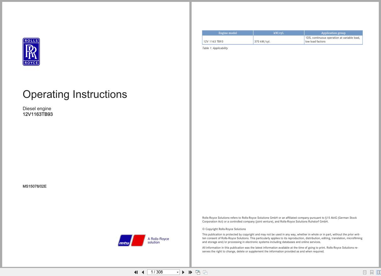MTU Diesel Engine 12V1163TB93 Operating Instructions MS15078 02E 1