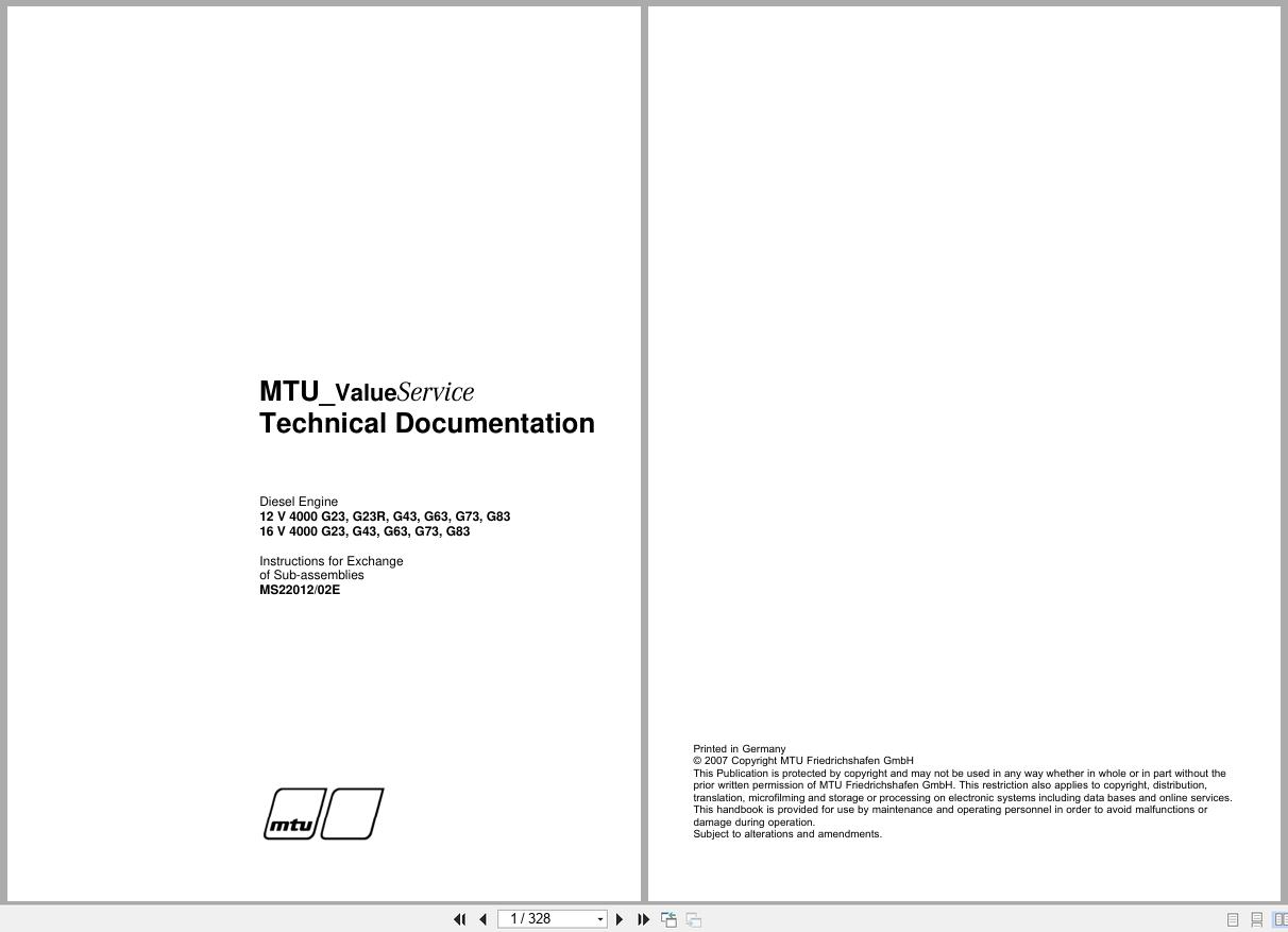MTU Engine 12V4000G23 to 12V4000G83 Technical Manual MS22012 02E 1