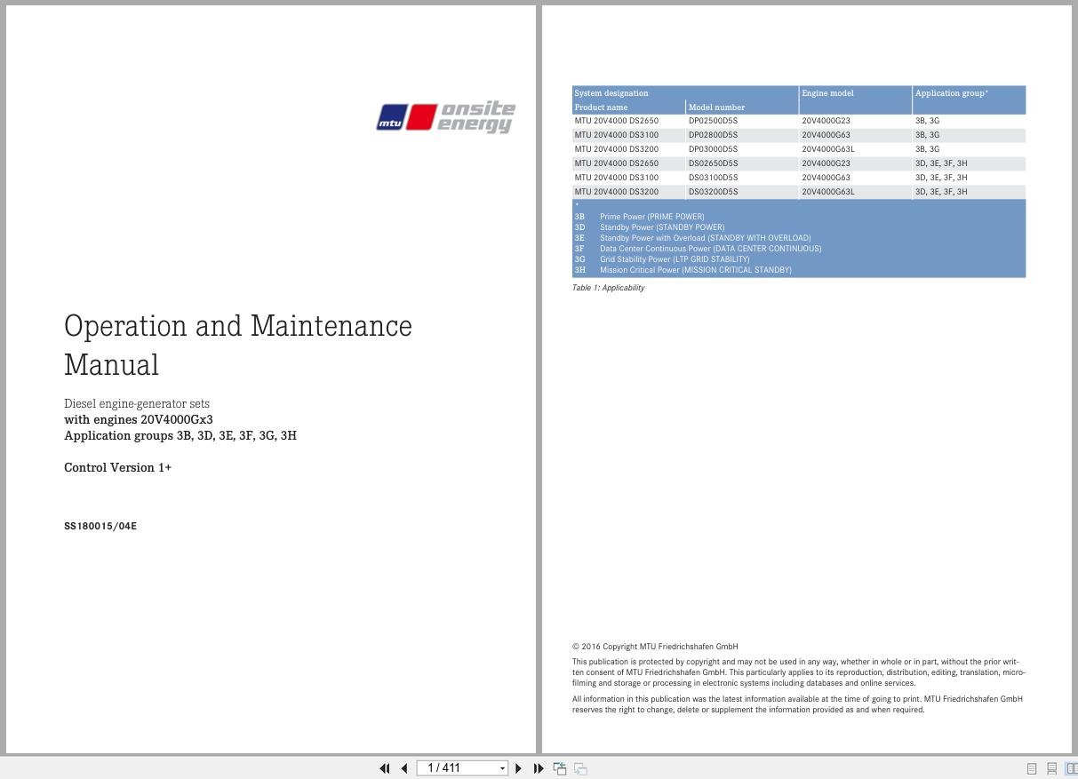 MTU Engine 20V4000Gx3 Operation and Maintenance Manual SS180015 04E 1