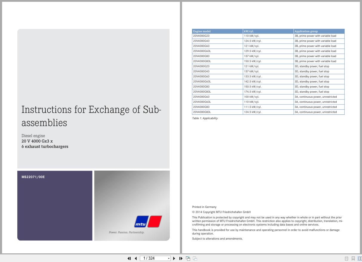 MTU Engine 20V4000Gx3x Instructions for Exchange of Subassemblies MS22071 00E 1