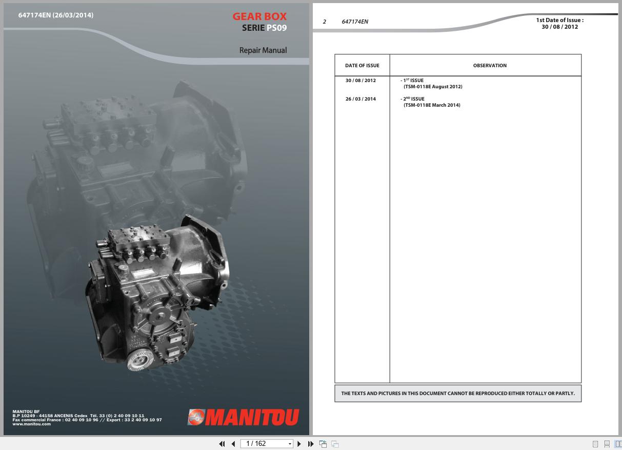 Manitou Gear Box Series PS09 Repair Manual MR647174EN 2014 1