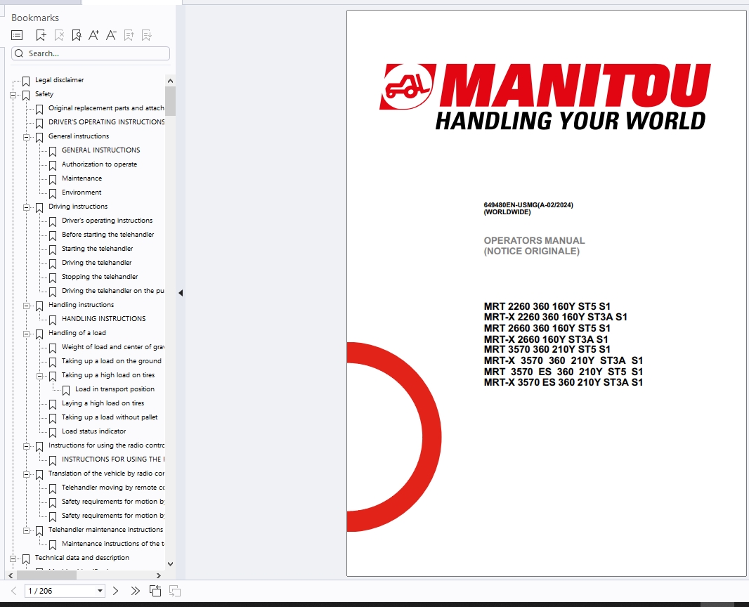 Manitou Telehandler MRT MRT X Series Service Operator Part Manual Update 2024 (3)
