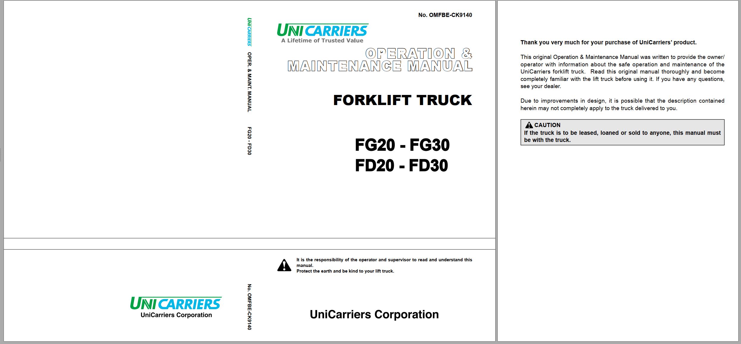 TCM Unicarriers Forklift Truck FG20 to FD30 Operation Maintenance Manual OMFBE CK9140 2014 1