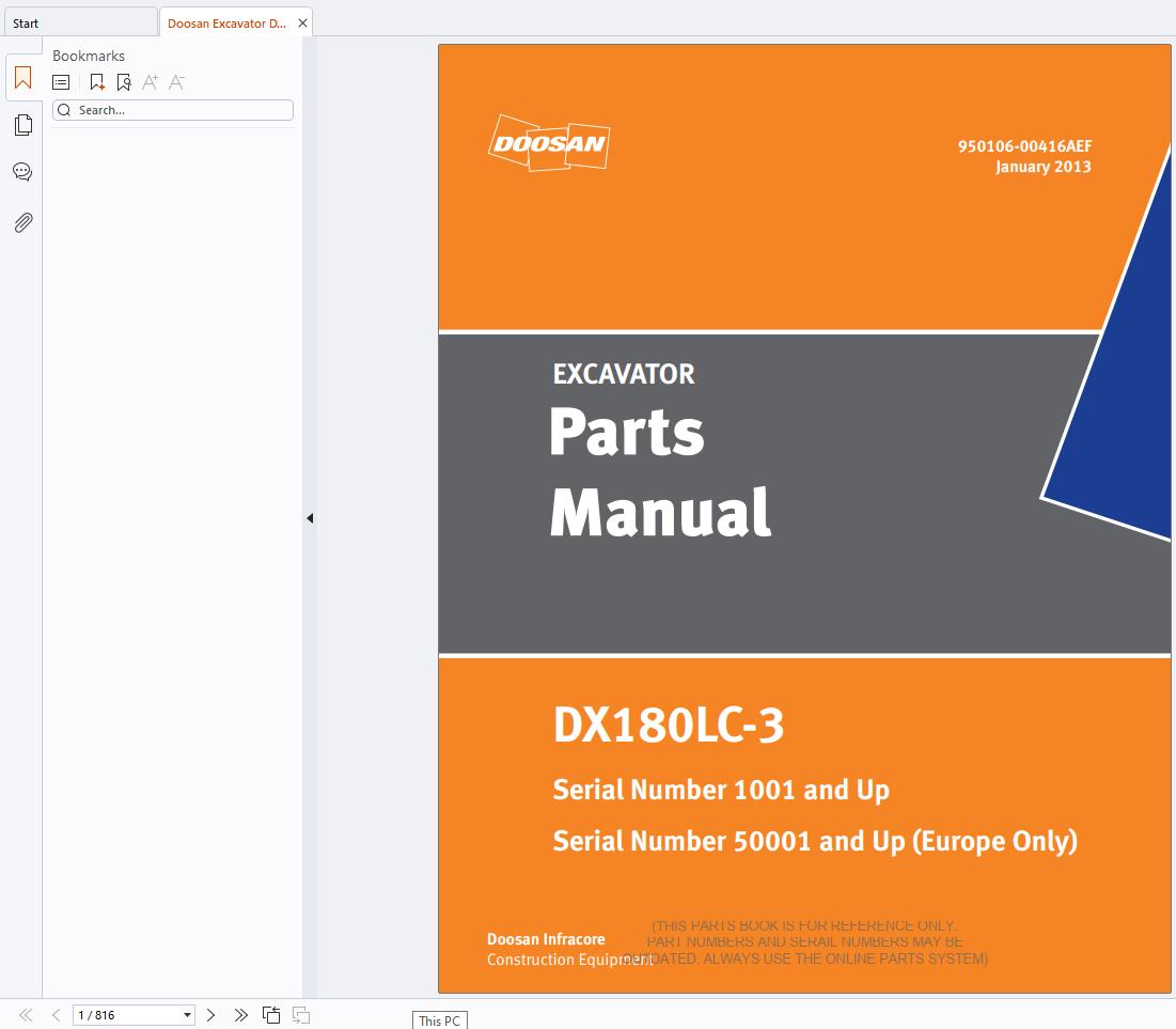 Doosan Excavator DX180LC 3 Parts Manual 950106 00416AEF (1)