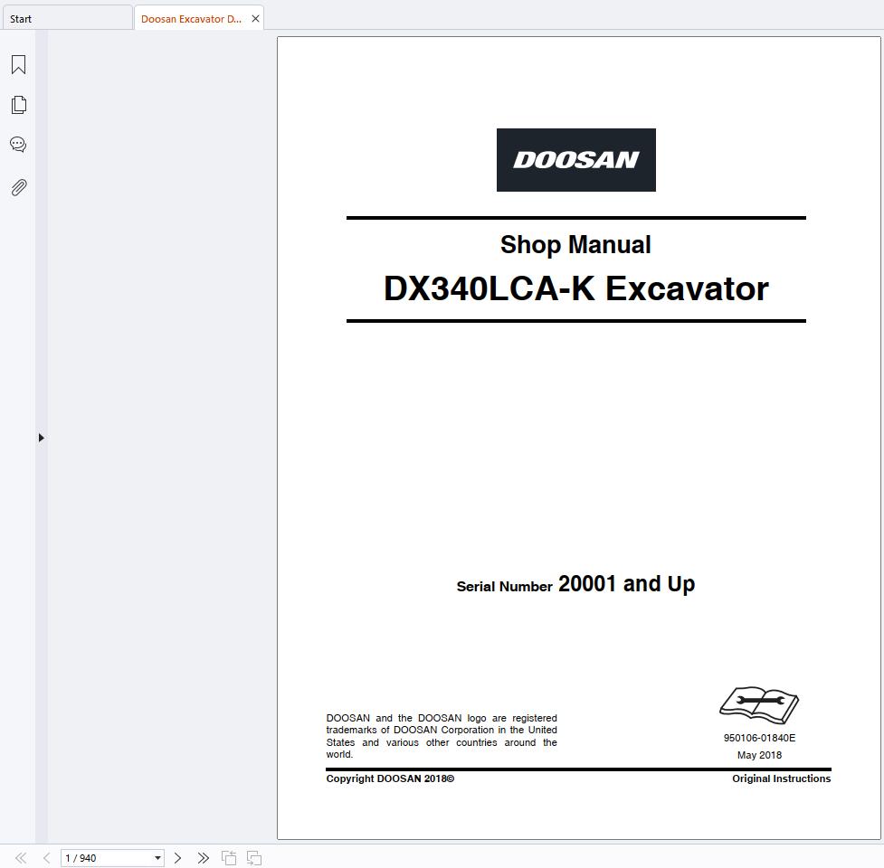 Doosan Excavator DX340LCA K Shop Manual 950106 01840E 1