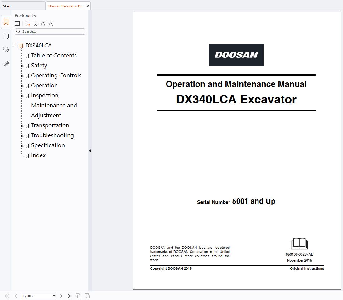 Doosan Excavator DX340LCA Operation and Maintenance Manual 950106 00267AE 1