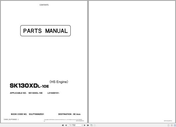 Kobelco Excavator SK130XDL 10E Parts Manual S3LPT0008ZE01 EN JP 1
