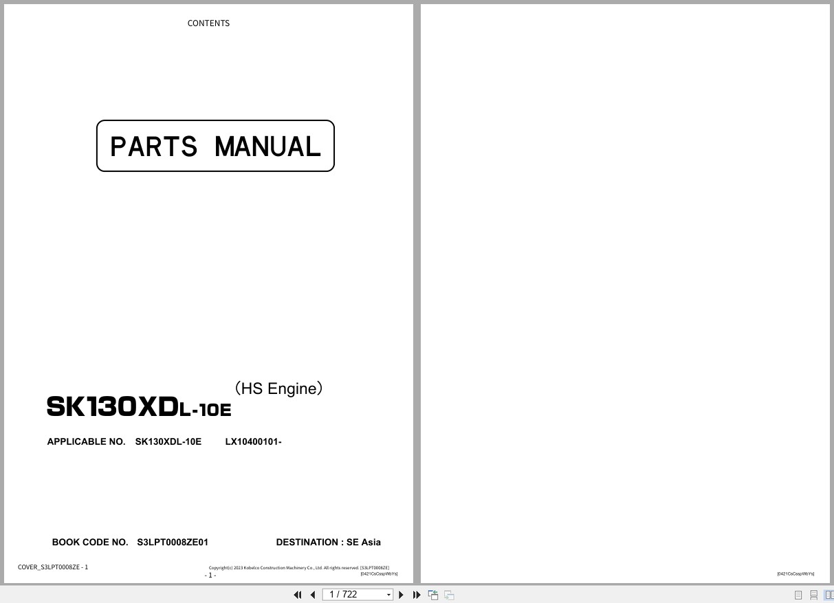 Kobelco Excavator SK130XDL 10E Parts Manual S3LPT0008ZE01 EN JP 1